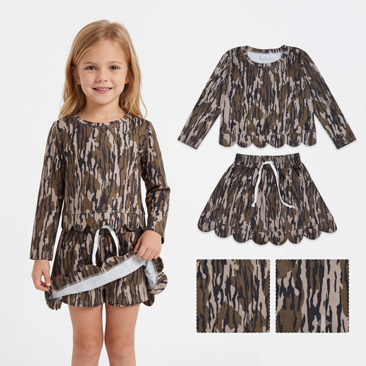 GLD1615 Camo Long Sleeve Top Skort Girls Scallop Clothes Set
