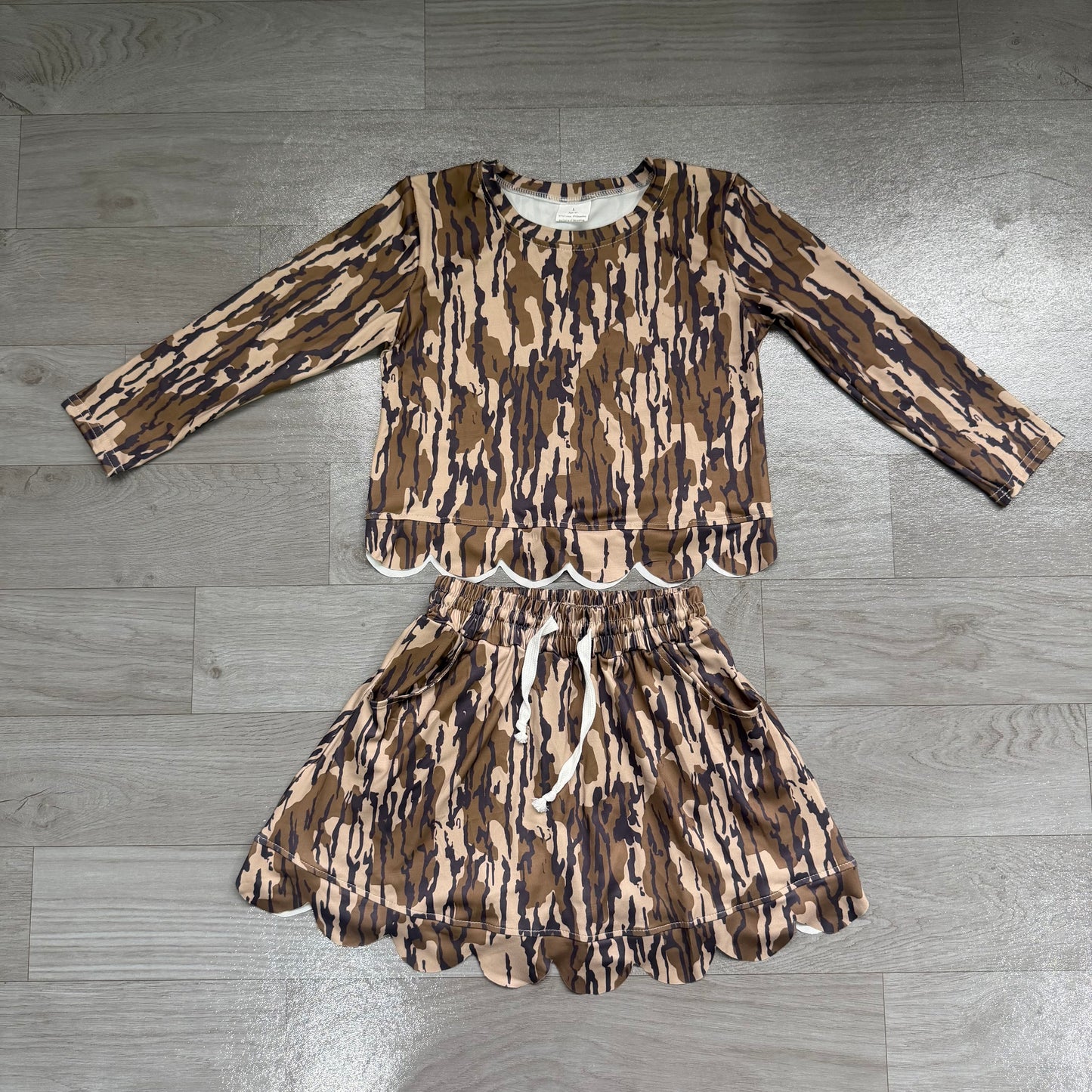 Dark Green Camo Long Sleeve Top Skirts Girls Scallop Outfits Preorder