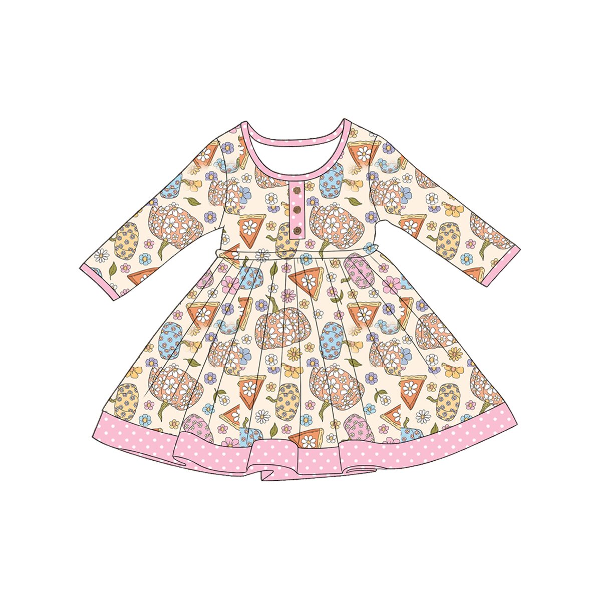 5.1 GLD1624 Pumpkin Pie Flowers Baby Girls Fall Long Sleeve Knee Length Dress Preorder