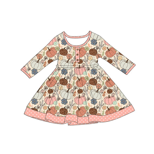 5.1 GLD1625 Pumpkin Flowers Baby Girls Fall Long Sleeve Knee Length Dress Preorder