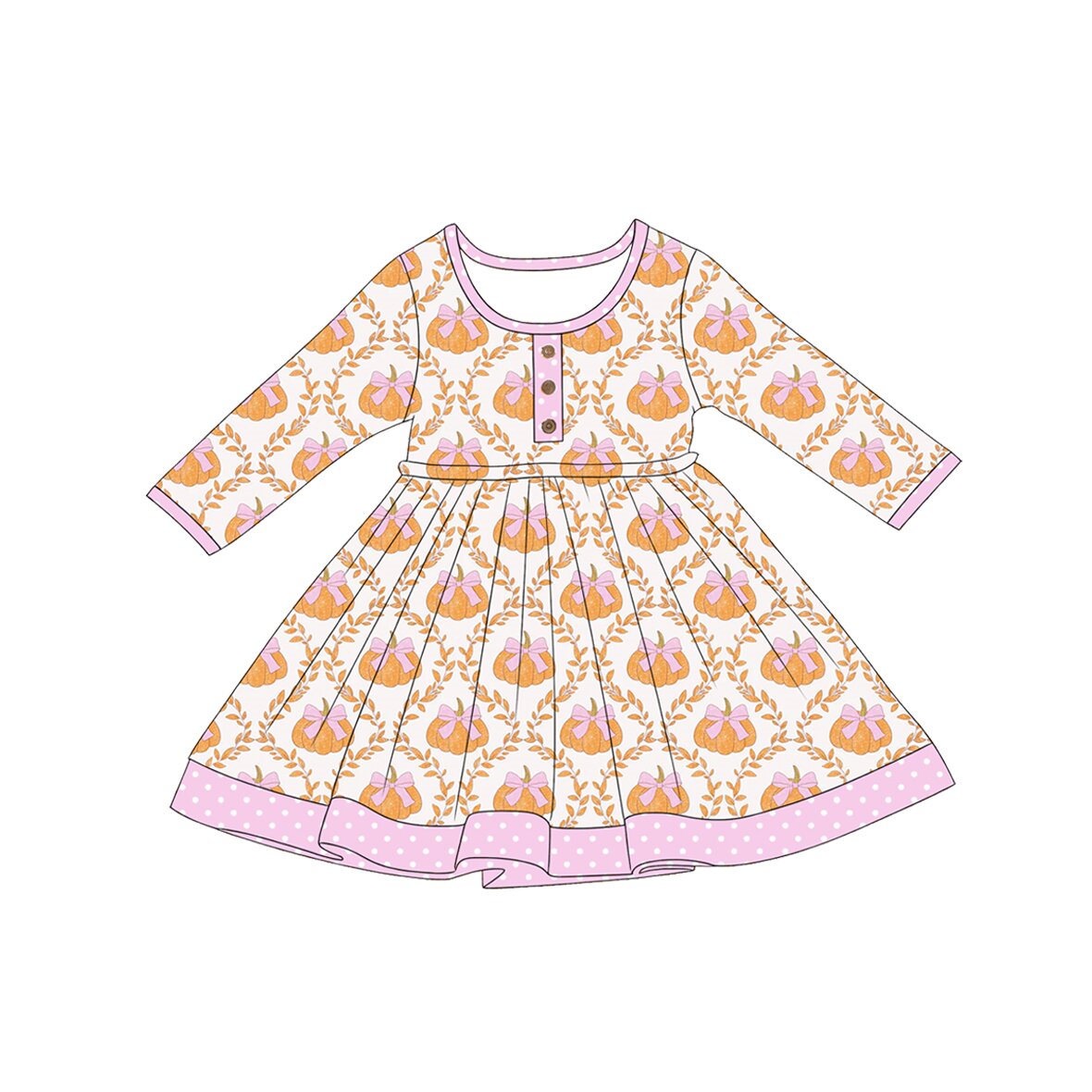 5.1 GLD1627 Pumpkin Bows Baby Girls Fall Long Sleeve Knee Length Dress Preorder