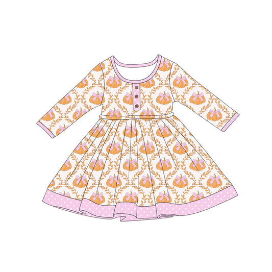 5.1 GLD1627 Pumpkin Bows Baby Girls Fall Long Sleeve Knee Length Dress Preorder
