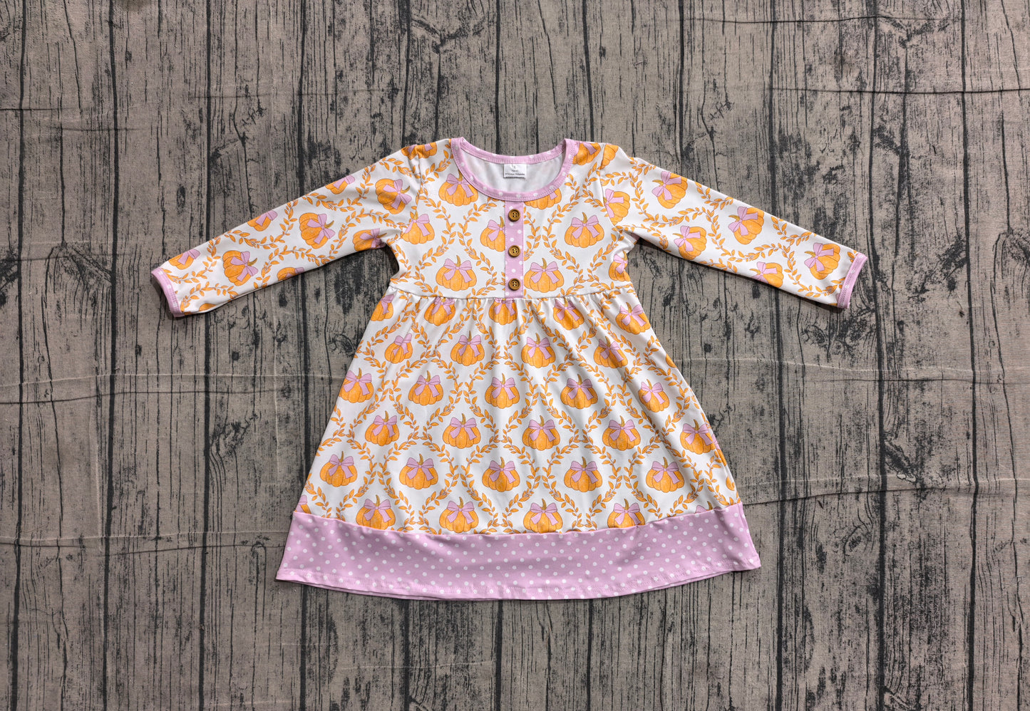 5.1 GLD1627 Pumpkin Bows Baby Girls Fall Long Sleeve Knee Length Dress Preorder