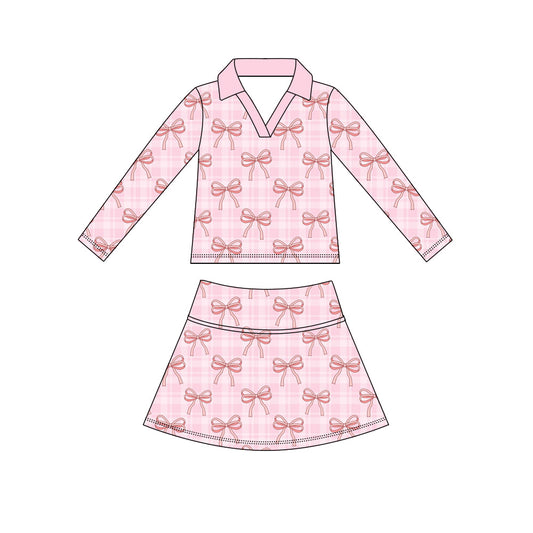 5.9 Preorder GLD1630 Pink Bows Plaid Long Sleeve Top Skirts Girls Yoga Clothes Set