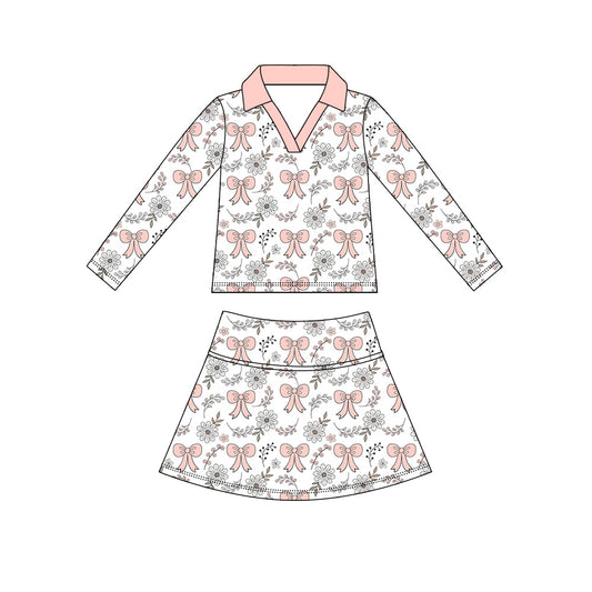 5.9 Preorder GLD1631 Pink Bows Flowers Long Sleeve Top Skirts Girls Yoga Clothes Set