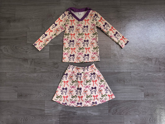 5.9 Preorder GLD1632 Colorful Bows Long Sleeve Top Skirts Girls Yoga Clothes Set