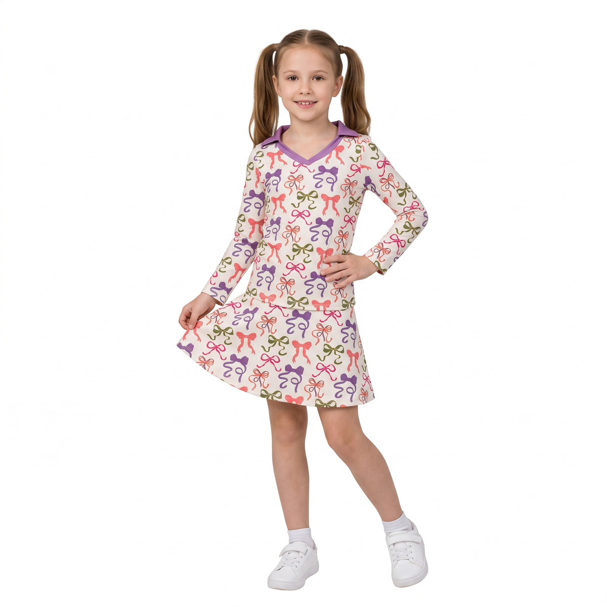 GLD1632 Colorful Bows Long Sleeve Top Skort Girls Yoga Clothes Set