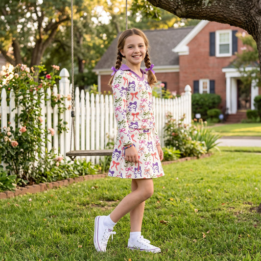 GLD1632 Colorful Bows Long Sleeve Top Skort Girls Yoga Clothes Set