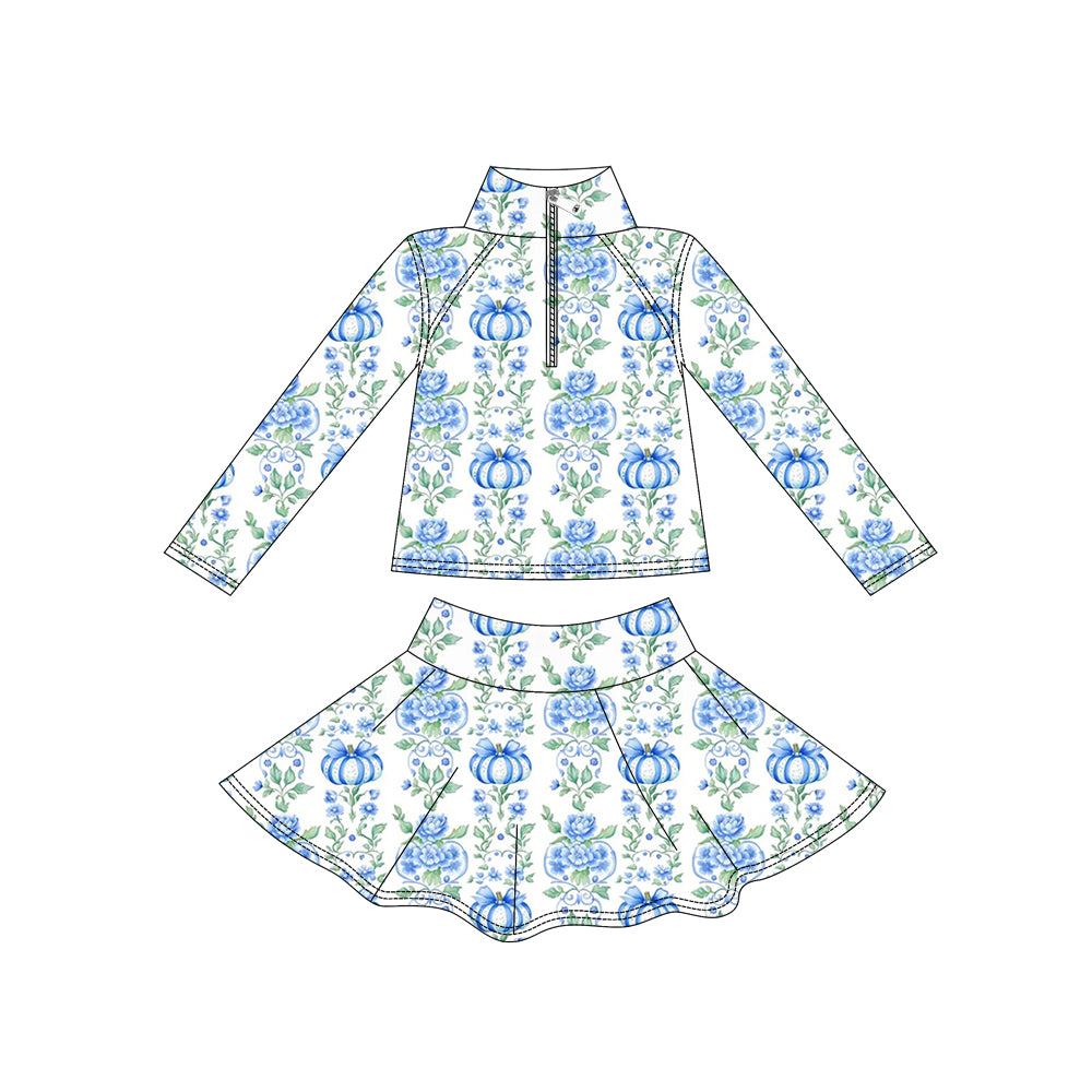 5.15 Preorder GLD1634 Pumpkin Blue Zipper Top Skirts Girls Yoga Clothes Set