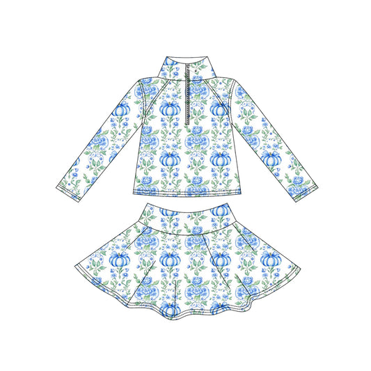 5.15 Preorder GLD1634 Pumpkin Blue Zipper Top Skirts Girls Yoga Clothes Set
