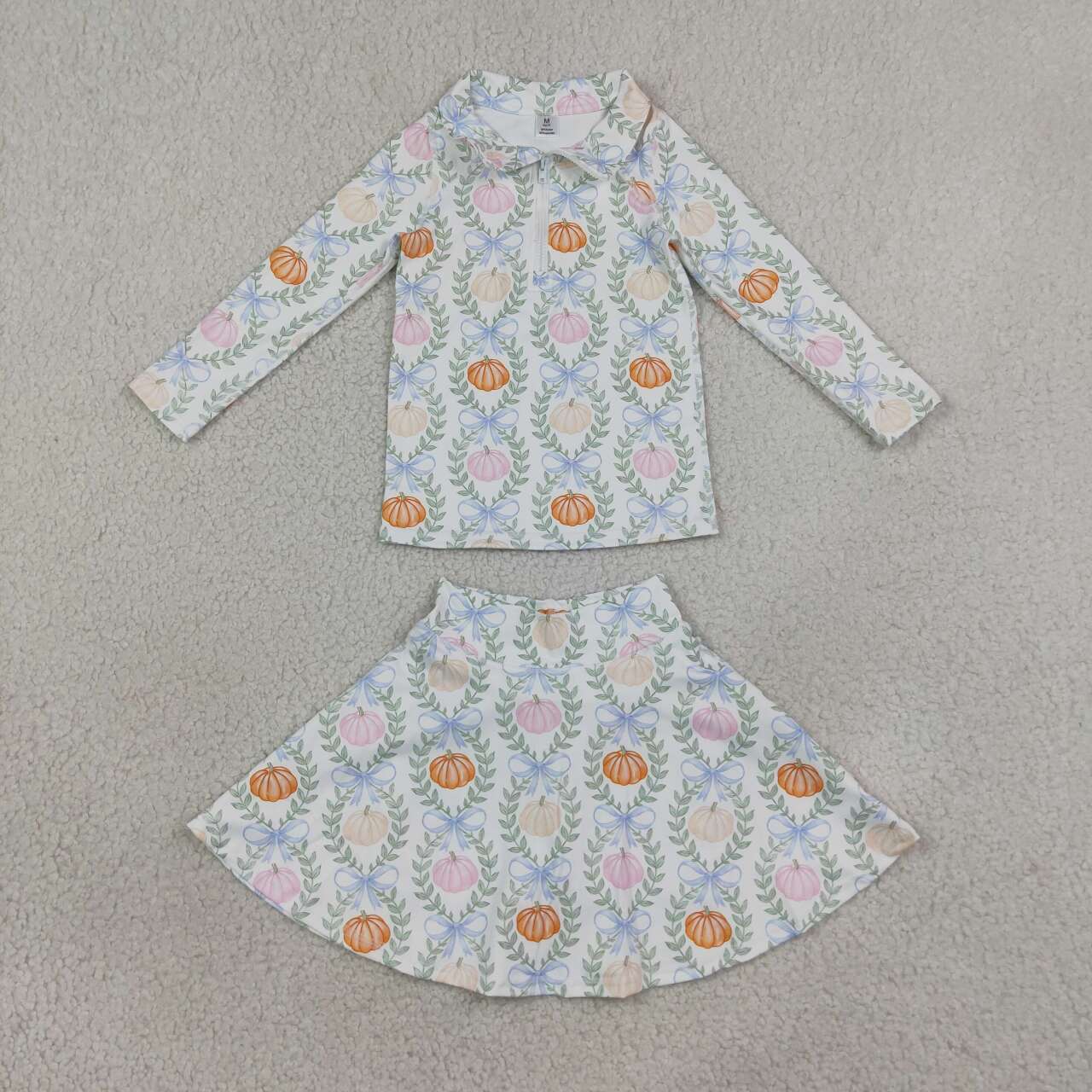 GLD1635 Pumpkin Bows Zipper Top Skort Girls Fall Yoga Clothes Set