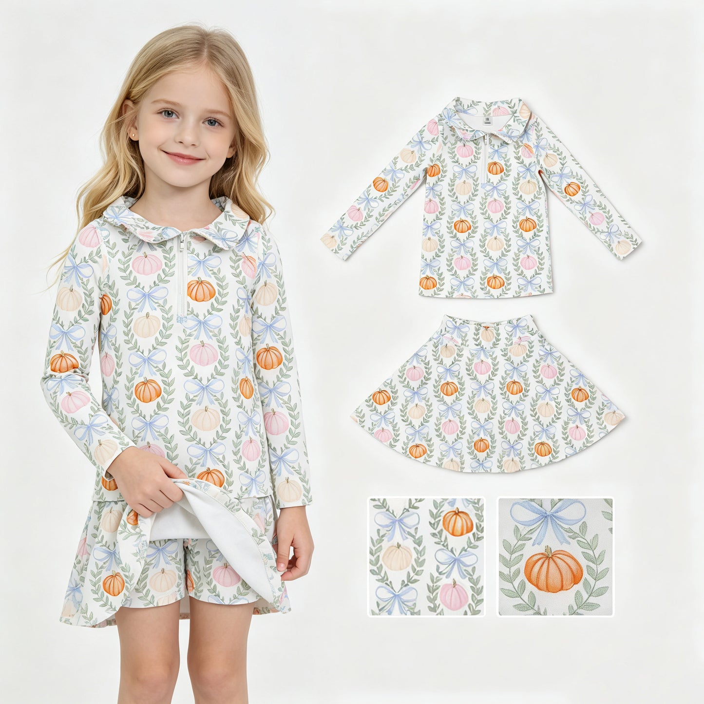 GLD1635 Pumpkin Bows Zipper Top Skort Girls Fall Yoga Clothes Set