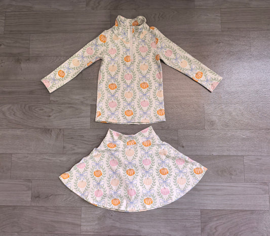 5.15 Preorder GLD1635 Pumpkin Bows Zipper Top Skirts Girls Yoga Clothes Set