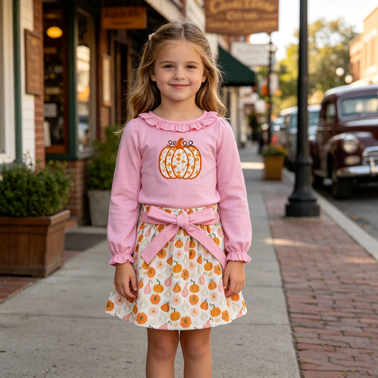 GLD1641 Pumpkin Embroidery Pink Top Skirts Girls Fall Clothes Set