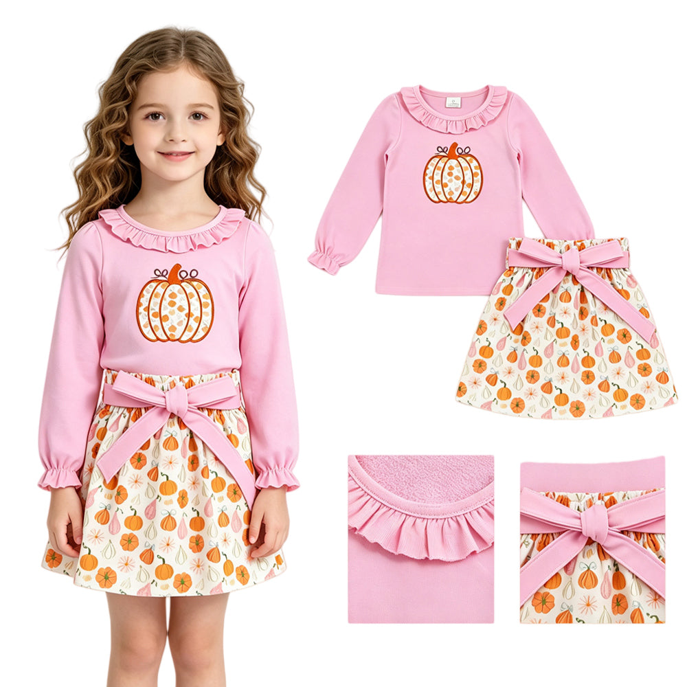 GLD1641 Pumpkin Embroidery Pink Top Skirts Girls Fall Clothes Set