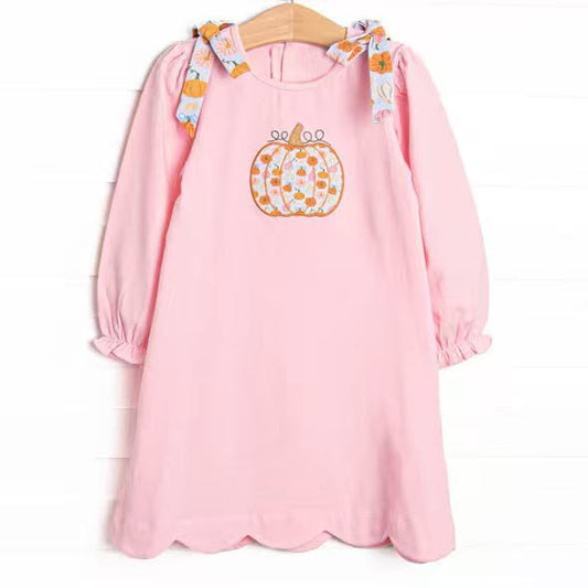 GLD1642 Pumpkin Flowers Pink Print Girls Fall Dress