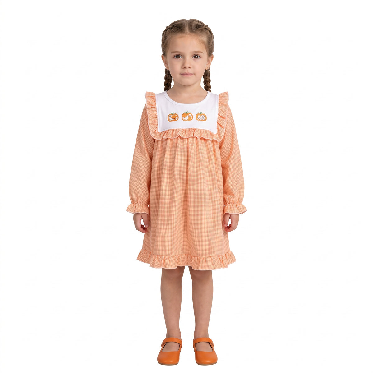 GLD1645 Pumpkin Embroidery Orange Checkered Print Girls Fall Ruffle Dress