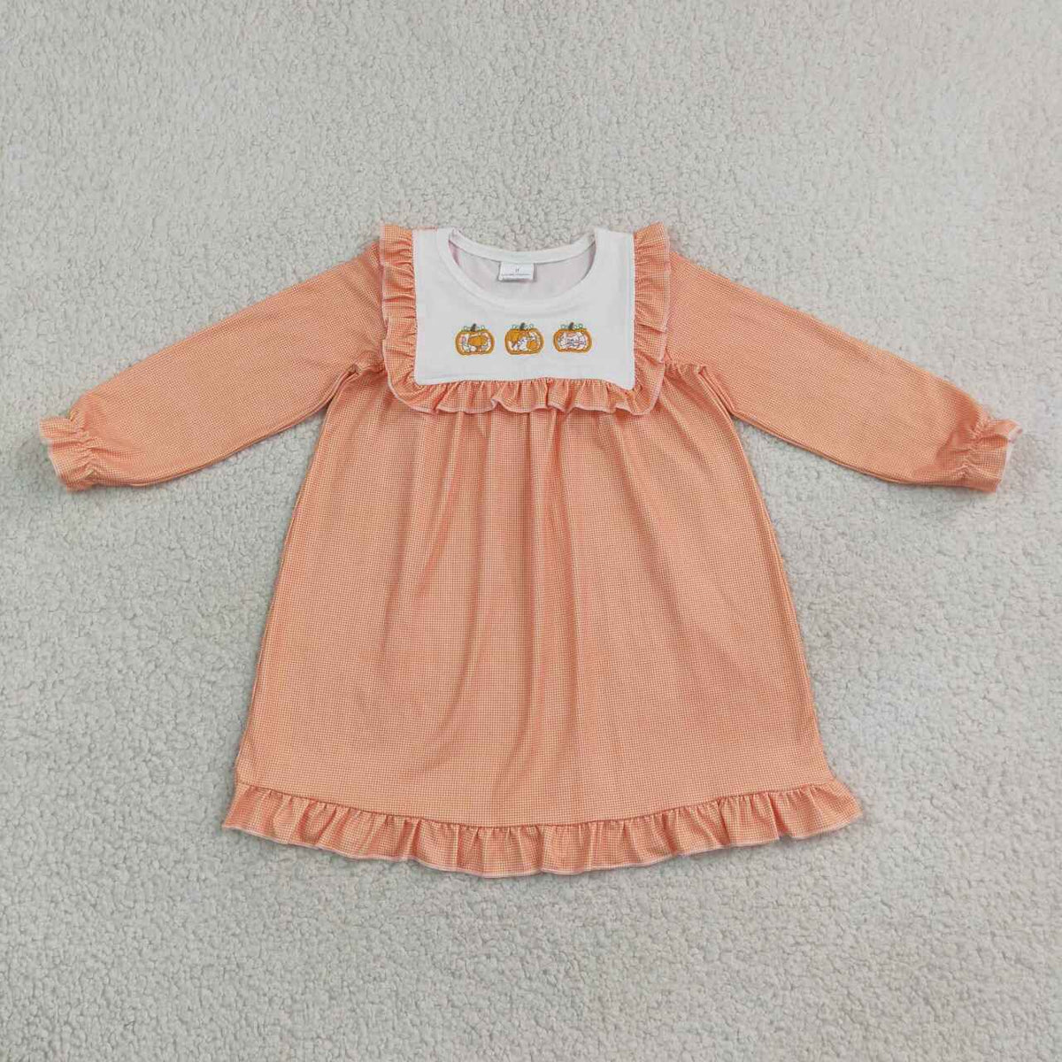 GLD1645 Pumpkin Embroidery Orange Checkered Print Girls Fall Ruffle Dress