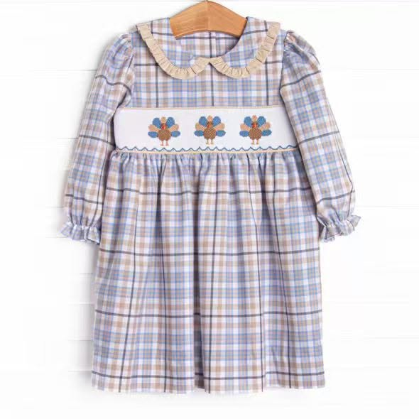 6.18 Preorder GLD1647 Turkey Khaki Blue Plaid Print Girls Thanksgiving Dress