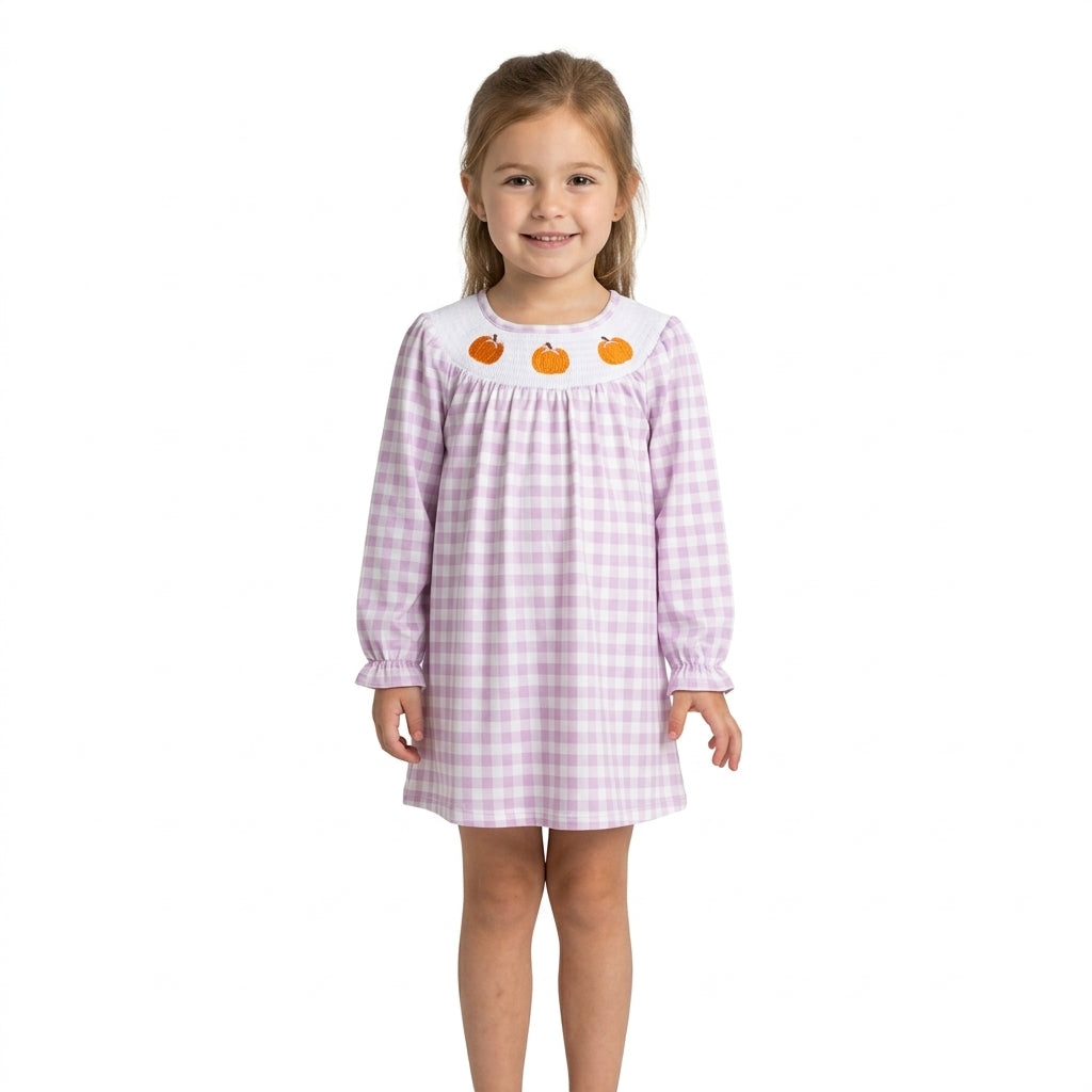 GLD1649 Pumpkin Embroidery Gingham Baby Girls Fall Smocked Dress
