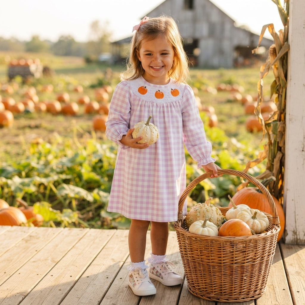 GLD1649 Pumpkin Embroidery Gingham Baby Girls Fall Smocked Dress