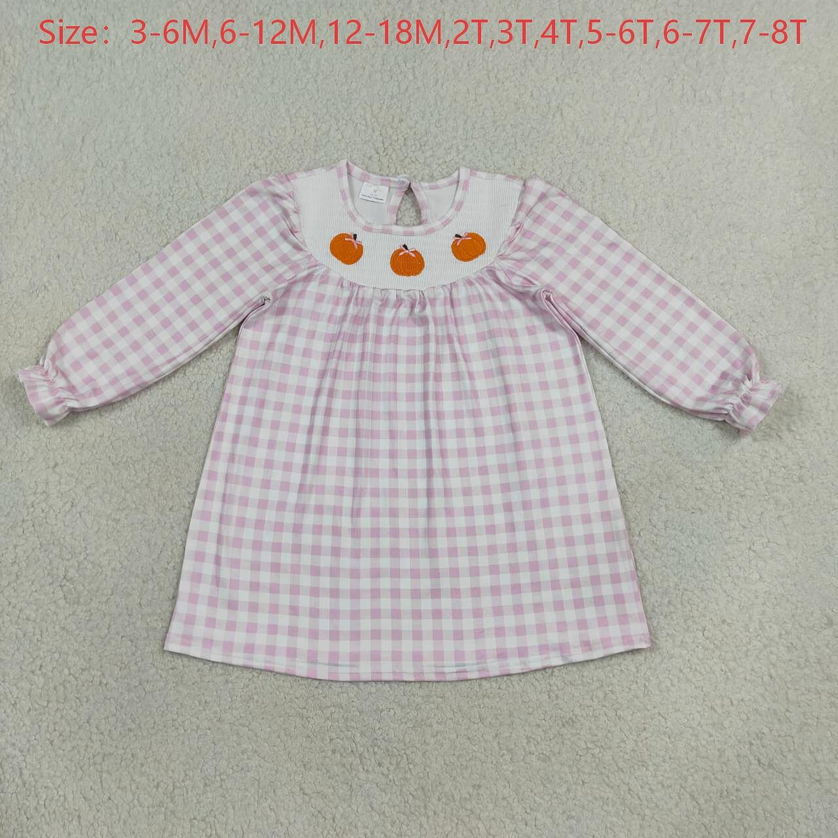 GLD1649 Pumpkin Embroidery Gingham Baby Girls Fall Smocked Dress