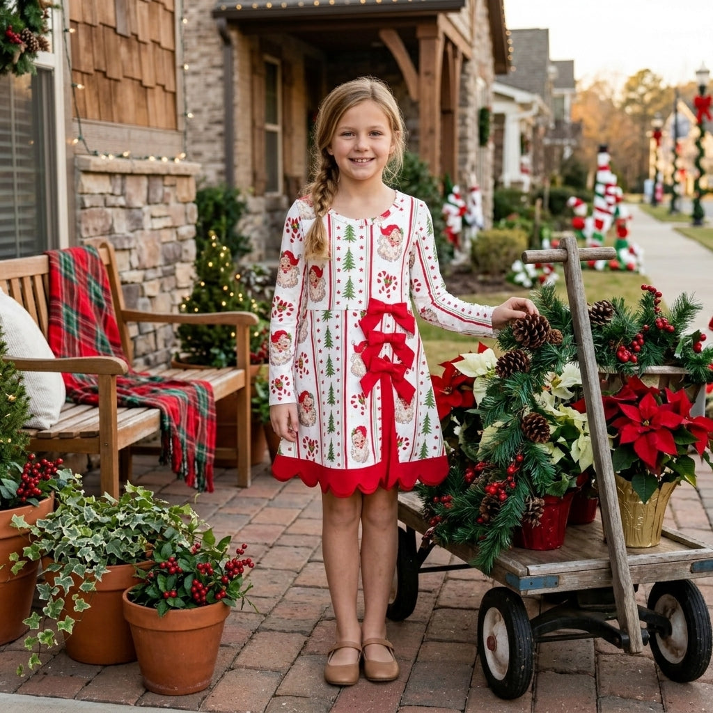 GLD1650 Santa Tree Candy Cane Print Girls Christmas Long Sleeve Bows Active Dress