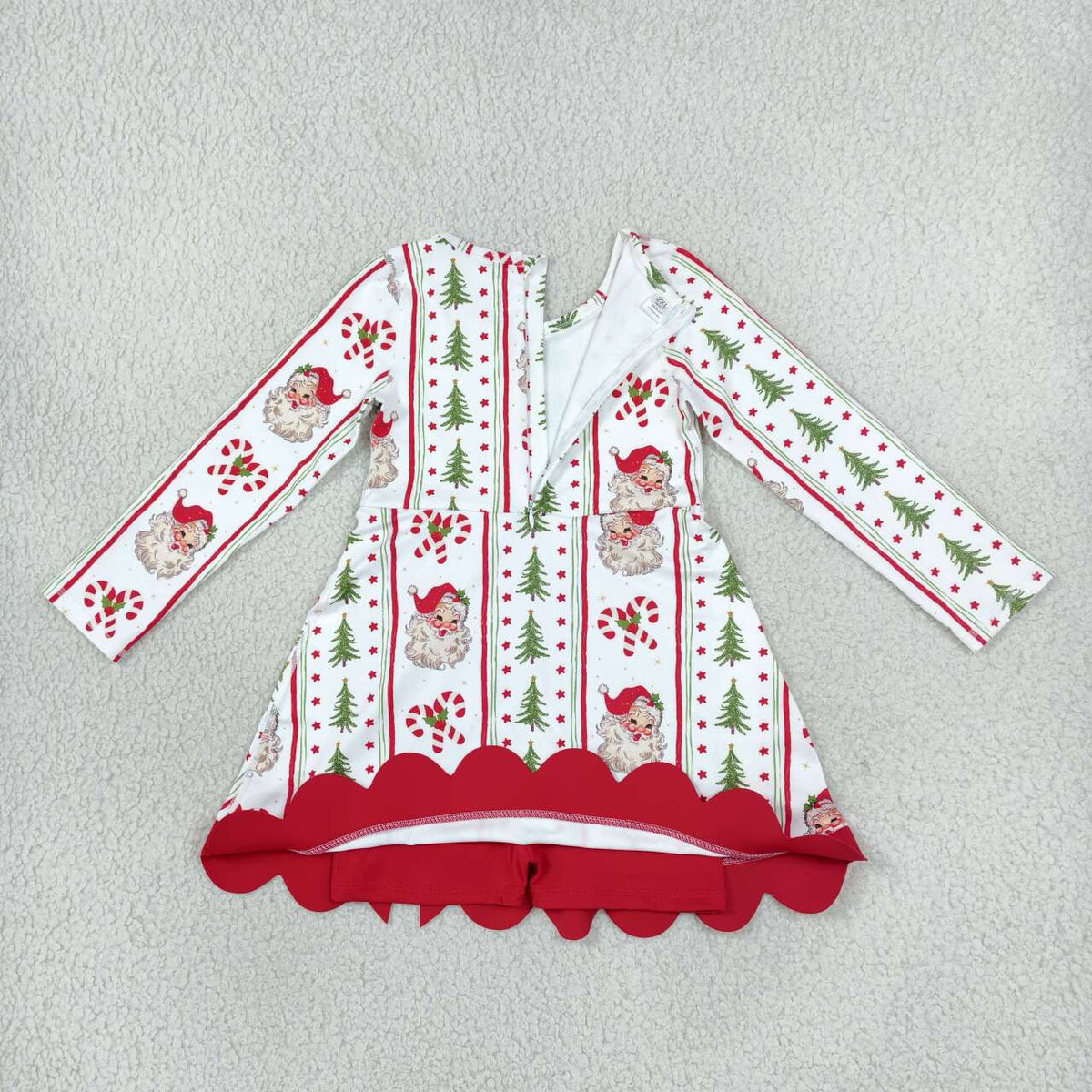GLD1650 Santa Tree Candy Cane Print Girls Christmas Long Sleeve Bows Active Dress