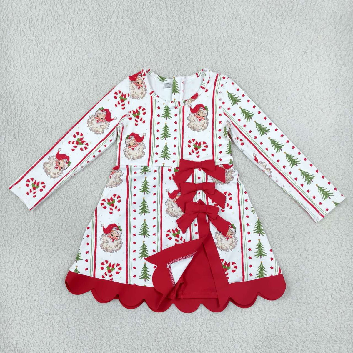 GLD1650 Santa Tree Candy Cane Print Girls Christmas Long Sleeve Bows Active Dress
