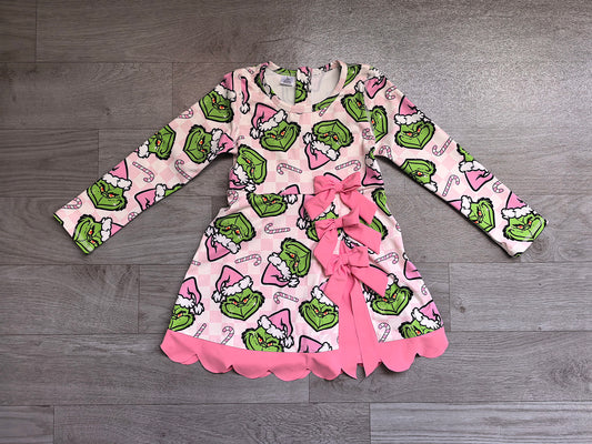 6.24 GLD1651 Baby Girls Christmas Green Face Long Sleeve Active Dress With Bow