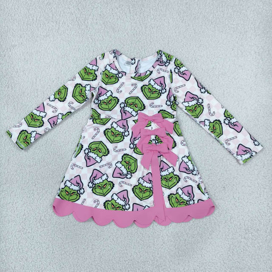 GLD1651 Green Frog Pink Checkered Candy Cane Print Girls Christmas Active Dress With Bow