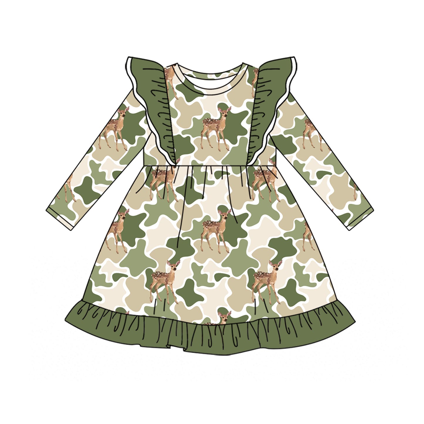 6.26 Preorder Kids Deer Green Camo Long Sleeve Dress