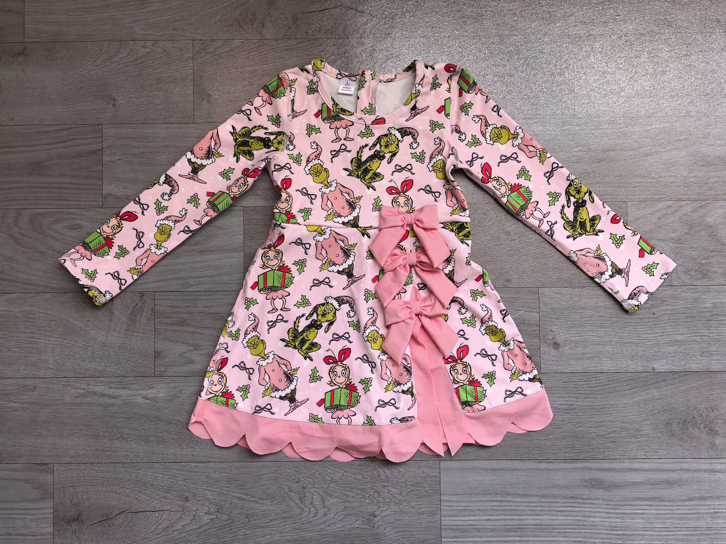 6.27 GLD1656 Green Frog Pink Bows Baby Girls Christmas Long Sleeve Active Dress With Bow