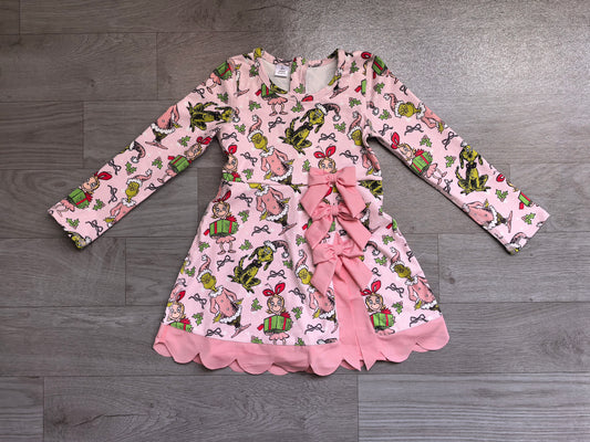 6.27 GLD1656 Green Frog Pink Bows Baby Girls Christmas Long Sleeve Active Dress With Bow