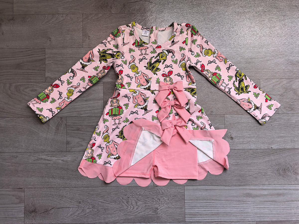 6.27 GLD1656 Green Frog Pink Bows Baby Girls Christmas Long Sleeve Active Dress With Bow