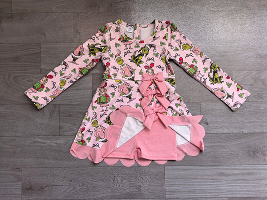 6.27 GLD1656 Green Frog Pink Bows Baby Girls Christmas Long Sleeve Active Dress With Bow
