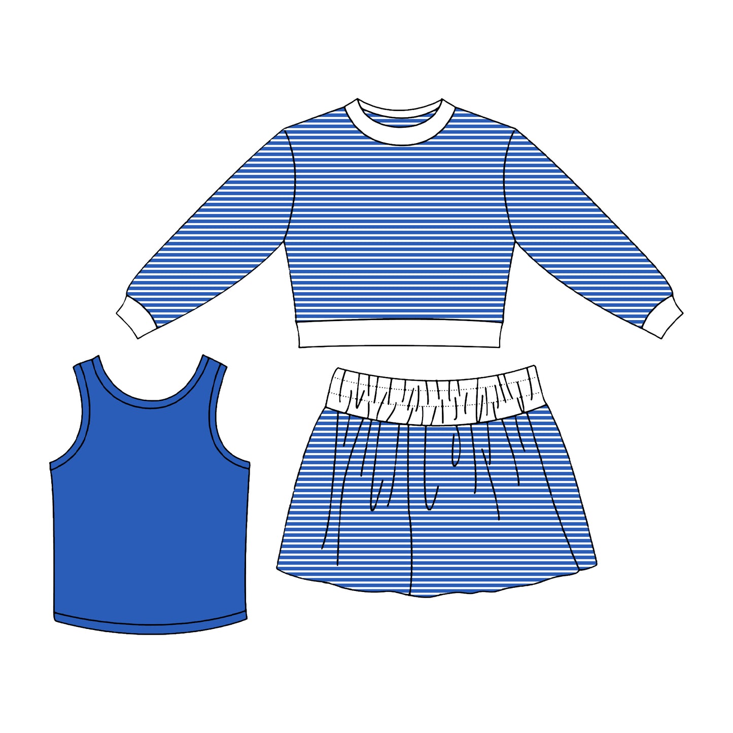 7.2 Preorder Girls Royalblue White Striped 3 Piece Outfit - Long Sleeve Top, Blue Tank & Striped Skort