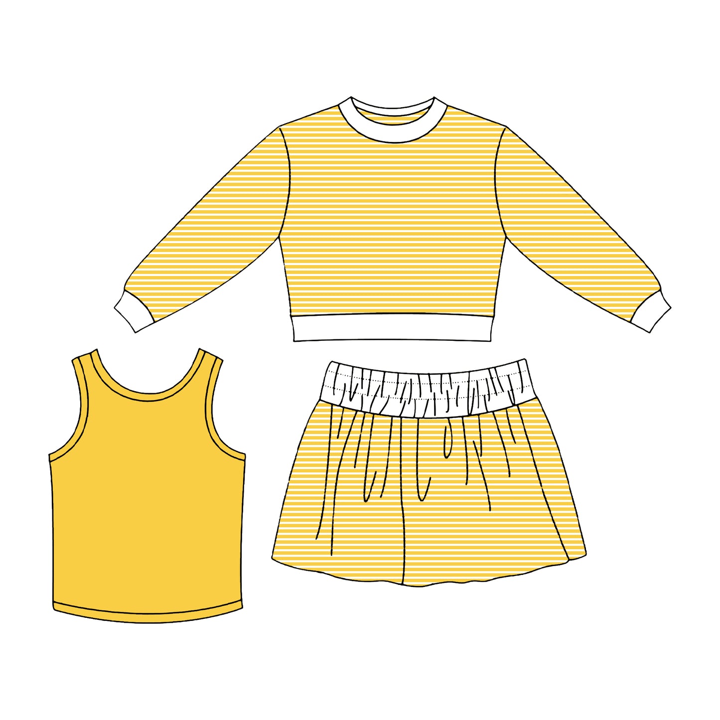 7.2 Preorder Girls Yellow White Striped 3 Piece Outfit - Long Sleeve Top, Blue Tank & Striped Skort