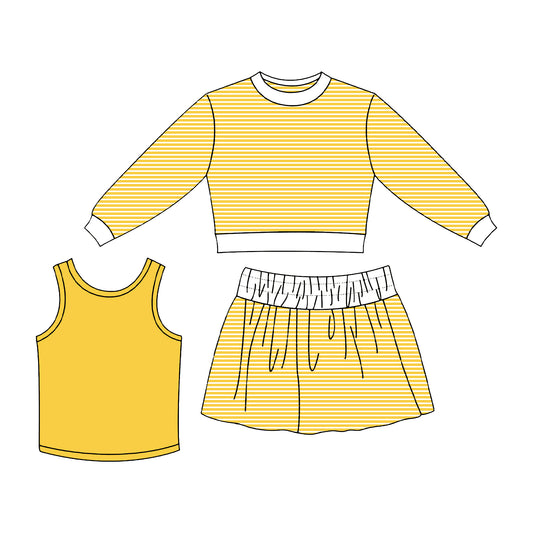 7.2 Preorder Girls Yellow White Striped 3 Piece Outfit - Long Sleeve Top, Blue Tank & Striped Skort