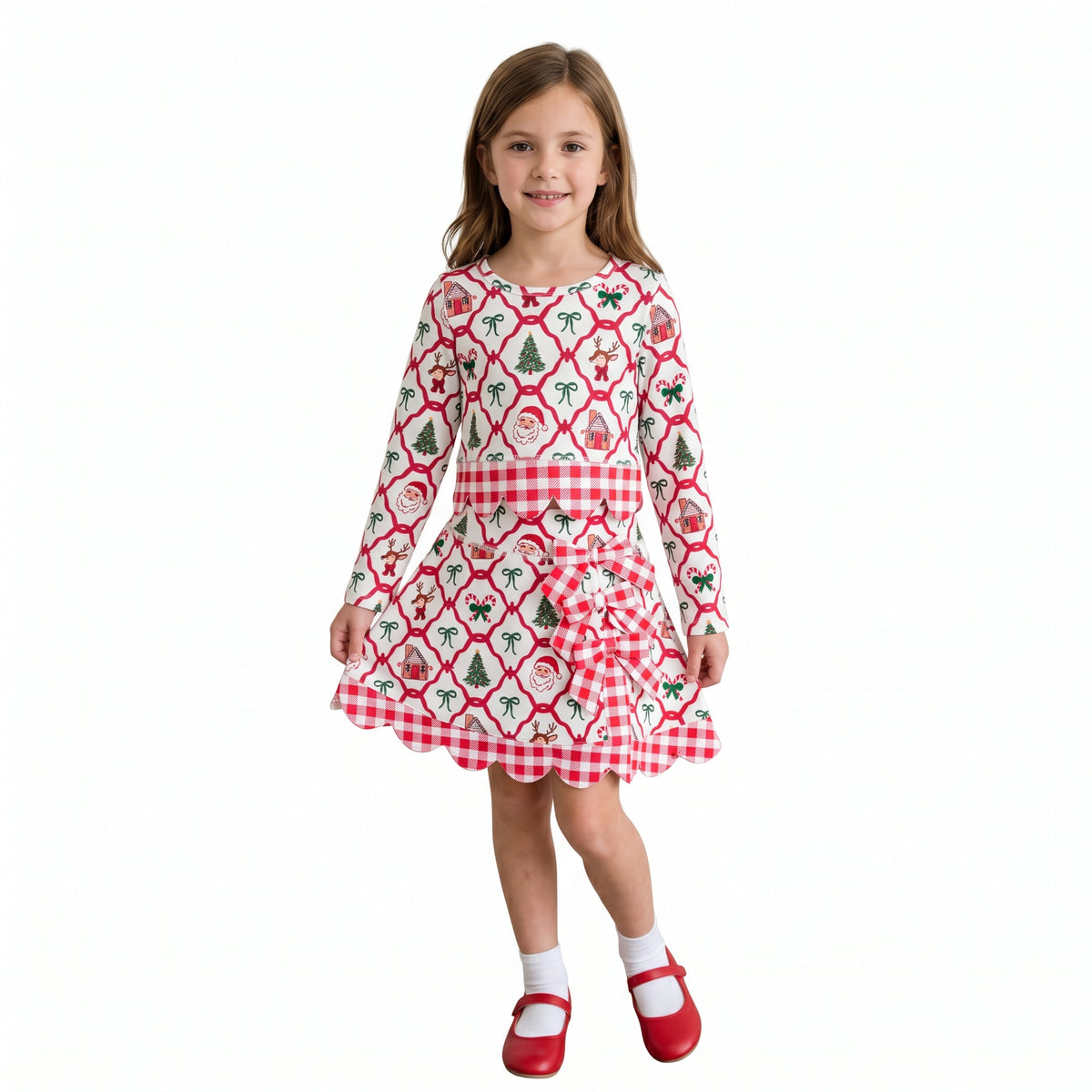 GLD1676  Santa Candy Cane Bows Girls Christmas Active Outfit