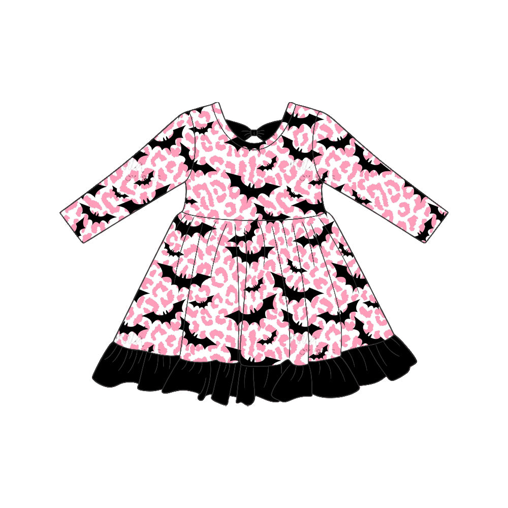 7.6 Preorder KIds Girls Halloween Pink Leopard Bat Long Sleeve Dress