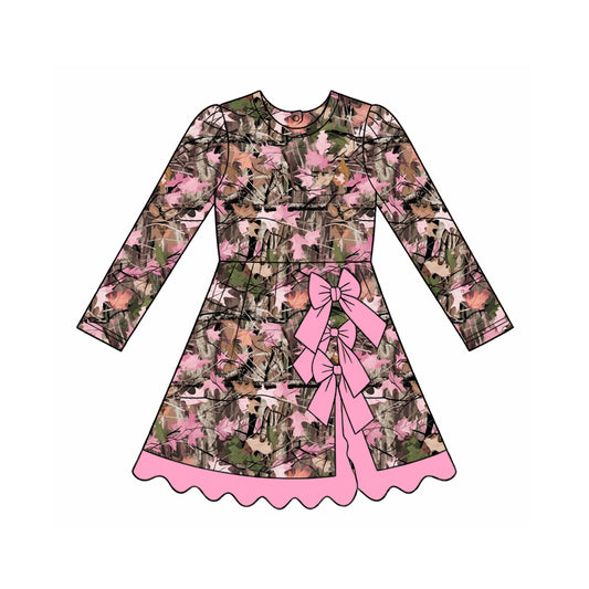7.13 GLD1689 Preorder Pink Branch Camo Print Bows Girls Long Sleeve Scallop Yoga Dress
