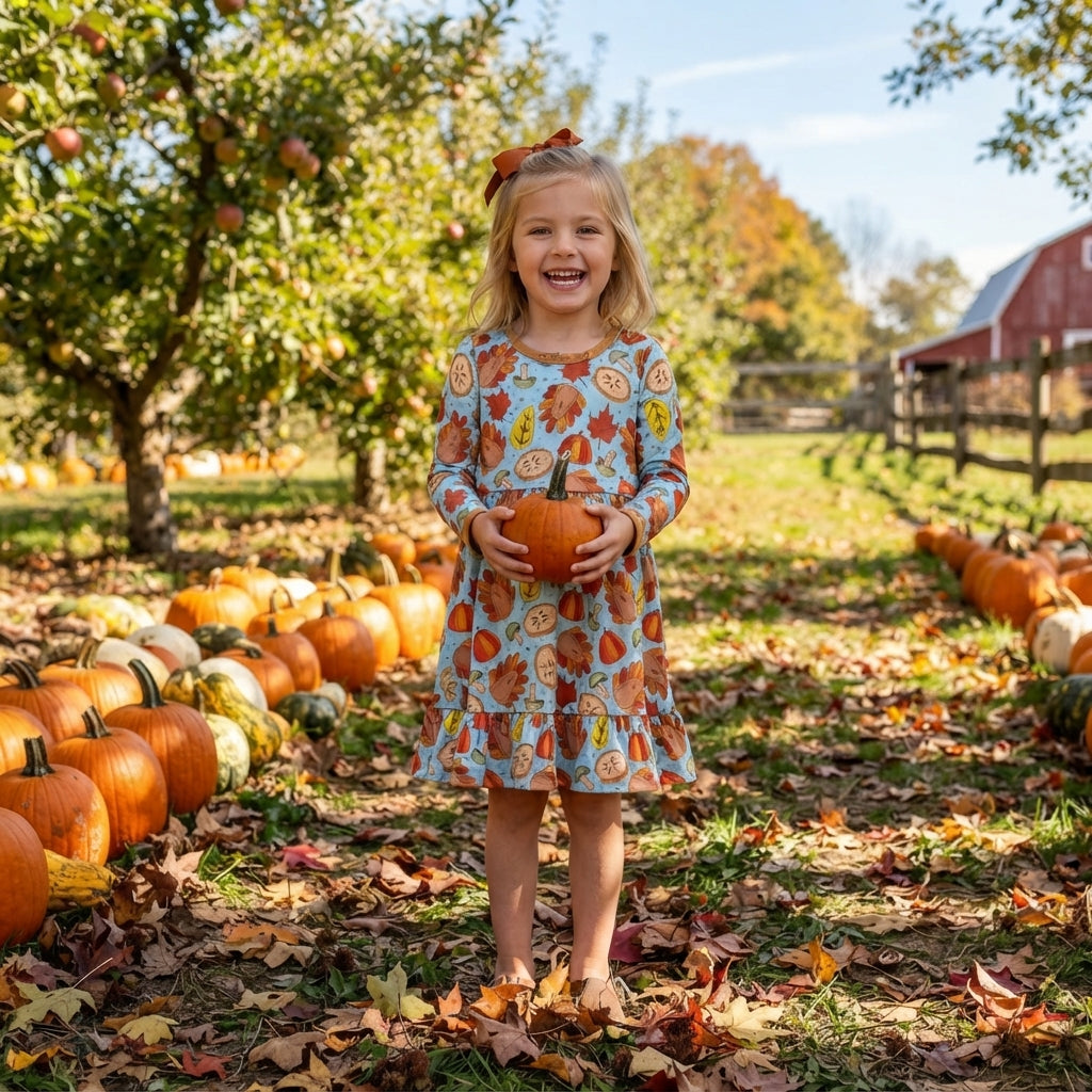 GLD1692 Turkey Pumpkin Pie Leaf Print Girls Thanksgiving Dress