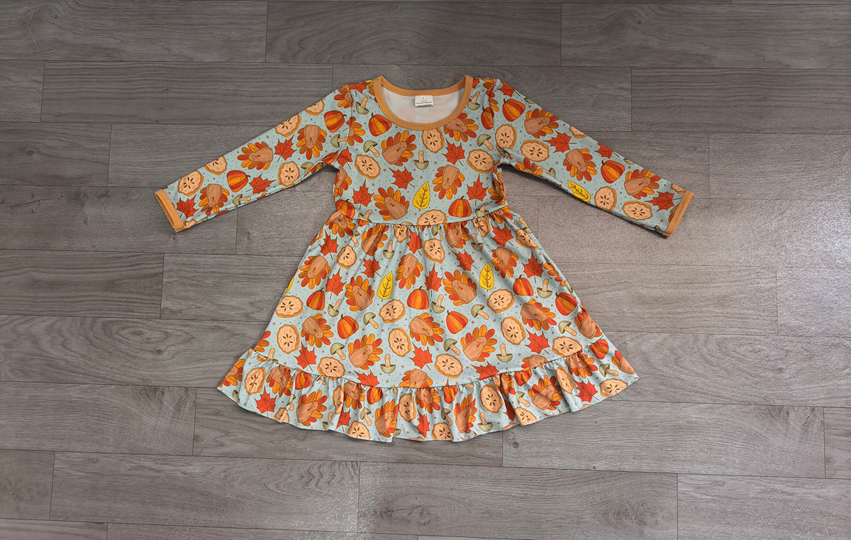 7.16 GLD1692 Preorder Turkey Pumpkin Pie Leaf Print Girls Thanksgiving Dress