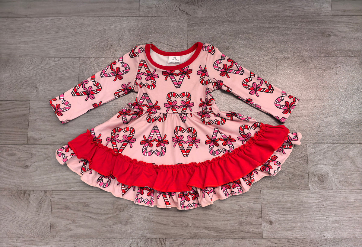 7.17 GLD1695 Preorder Kids Girls Christmas Candy Cane Long Sleeve Dress
