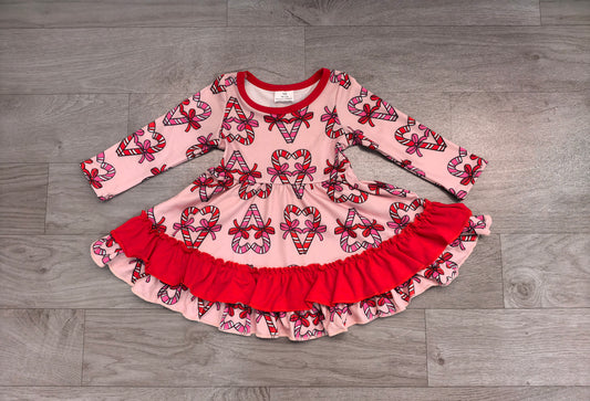 7.17 GLD1695 Preorder Kids Girls Christmas Candy Cane Long Sleeve Dress