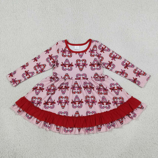 GLD1695 Candy Cane Bows Print Girls Christmas Long Sleeve Ruffle Dress