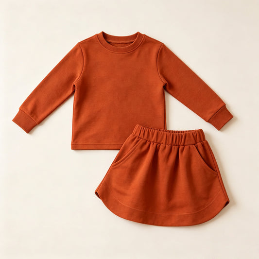 7.20  GLD1696 Preorder Pumpkin Cotton Long Sleeve Top Skort Girls Fall Clothes Set