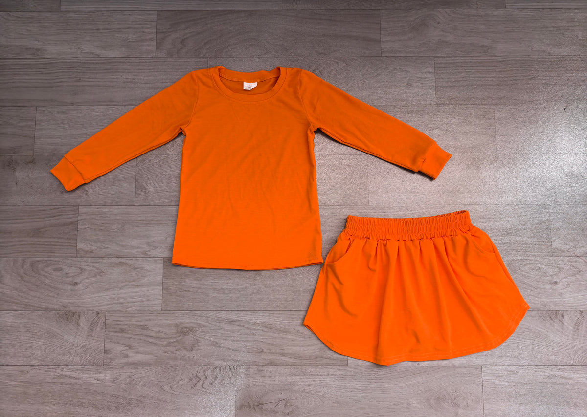 7.20  GLD1696 Preorder Pumpkin Cotton Long Sleeve Top Skort Girls Fall Clothes Set