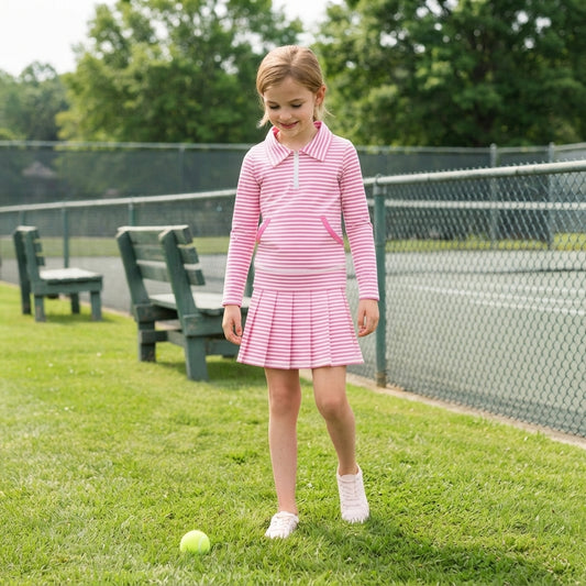 GLD1699 Pink Stripes Zipper Top Pleated Skort Girls Yoga Clothes Set